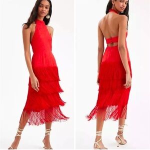 Anthropologie Red Backless Fringe Dress